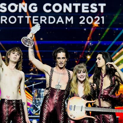 Maneskin of Italy appear on stage after winning the 2021 Eurovision Song Contest in Rotterdam, Netherlands, May 23, 2021. REUTERS/Piroschka van de Wouw