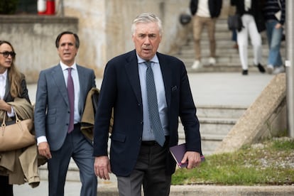 El entrenador del Real Madrid, Carlo Ancelotti, a su salida de la Audiencia Provincial de Madrid este miércoles.