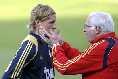 Luis Aragonés charla con Torres en la Eurocopa de 2008.