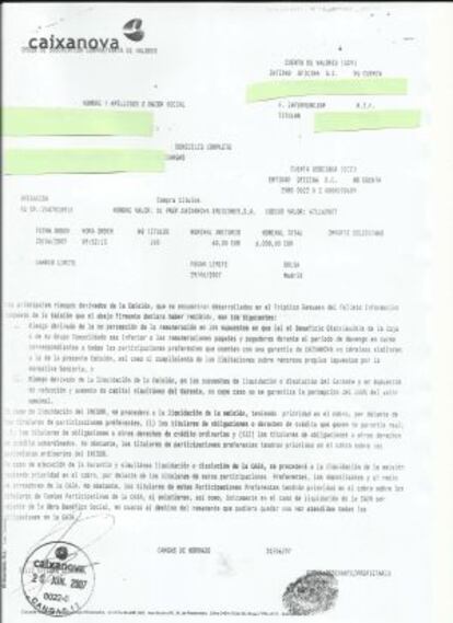 A 2007 sale document for preferential shares in Caixanova with a thumbprint signature.