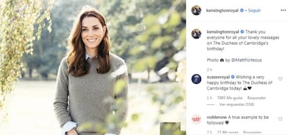 Un pantallazo de la felicitación de los duques de Sussex a Kate Middleton por su 38 cumpleaños, en Instagram.
