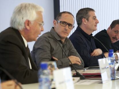 El consejero Ferran Mascarell, con Palau, Robles y Caballero, en la rueda de prensa de presentación del festival Sónar