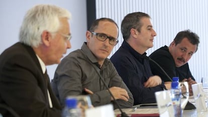 El consejero Ferran Mascarell, con Palau, Robles y Caballero, en la rueda de prensa de presentación del festival Sónar