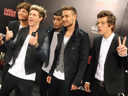 From left to right, Louis Tomlinson, Niall Horan, Zayn Malik, Liam Payne and Harry Styles at the premiere of the movie ‘One Direction: This Is Us’ in New York, August 2013.