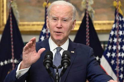 US President Joe Biden speaks about the US banking system on March 13, 2023 in the Roosevelt Room of the White House in Washington, DC.