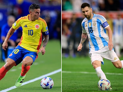 Los jugadores: Lionel Messi (Argentina) y James Rodríguez (Colombia), durante partidos de la Copa América.
