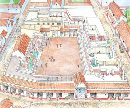 Recreación de las termas estabianas de Pompeya, lugar de recreo del siglo IV a.C. que contaba con gimnasio, una sala tibia, una piscina de agua fría, una sala caliente con bañera y fuente y una gran piscina al aire libre.