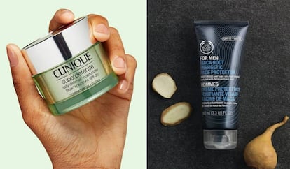 A la izquierda, la crema hidratante para mujer Clinique superdefence y, a la derecha, una crema de maca para hombre, de The Body Shop.