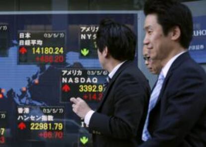 Un grupo de viandantes caminan frente a un monitor que muestra el valor del índice Nikkei a su cierre, en Tokio, Japón. EFE/Archivo