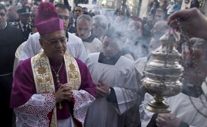 El Patriarca Latino, Fuad Twal, a su llegada a la Iglesia de la Natividad