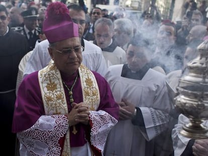 El Patriarca Latino, Fuad Twal, a su llegada a la Iglesia de la Natividad