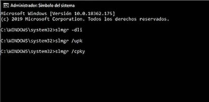 Comandos para desactivar la clave de Windows 10.