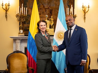 La canciller argentina, Diana Mondino, y el canciller de Colombia, Luis Gilberto Murillo, se dan la mano al finalizar una reunión, en Bogotá, el 19 de abril de 2024.