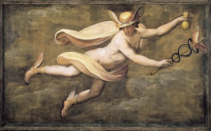 El dios Mercurio, semidesnudo y cubierto por una tela amarilla, con sandalias aladas y serpientes entrelazadas en la mano (Galería de los Uffizi, Florencia, Italia).