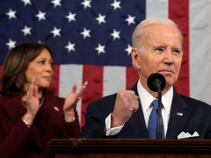 El presidente Joe Biden durante su discurso, en el Capitolio estadounidense, este miércoles.