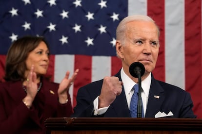 El presidente Joe Biden durante su discurso, en el Capitolio estadounidense, este miércoles.