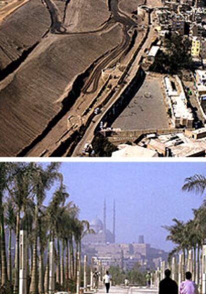 Vista de las obras iniciales del parque (arriba) e imagen de éste ya acabado.