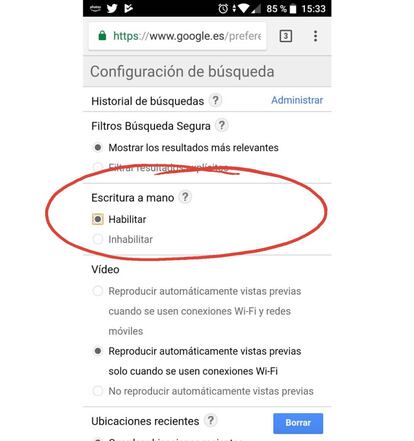 Aquí podemos activar la escritura a mano de Google