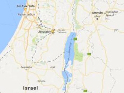 Captura d'imatge d'Israel i els territoris palestins. Google no mostra cap denominació per a Cisjordània ni per a Gaza.
