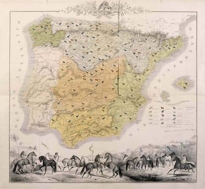 La Cria Caballar en España, ca. 1861. Bajo la dirección del Coronel de Caballería Juan Cotarelo y Garastazu; grabó P. Mascaró.
