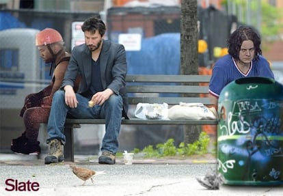 El montaje que la web estadounidense Slate hizo con Kanye West, Keanu Reeves y Jack White en 2014.