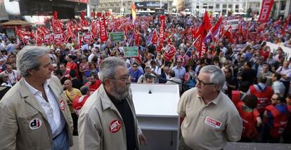 Concentración CC OO y UGT en Madrid el pasado día 1 de julio en protesta por las condenas y juicios a 260 sindicalistas en toda España.