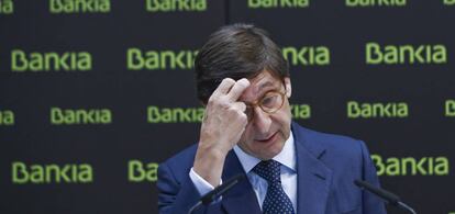 El presidente de Bankia, José Ignacio Goirigolzarri, durante la presentación en Madrid del acuerdo de fusión.