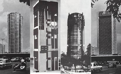 El Banco Bilbao planteó un concurso en 1971 para construir una nueva sede corporativa, que trasladaría de la calle Alcalá a Castellana, 81. Ganó Sáenz de Oíza, con una propuesta elegante, rontunda y de contornos suavizados. Pero otros arquitectos plantearon alternativas bien distintas. De izquierda a derecha, los proyectos de torre diseñados por Coderch y de Sentmenat; por Corrales y Molezún; por Antonio Bonet; y por Antonio Miró y Manuel Miró.