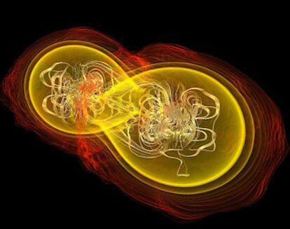 Fotograma de la simulación en ordenador de la fusión de dos estrellas de neutrones que genera un agujero negro y emite un destello corto de rayos gamma.