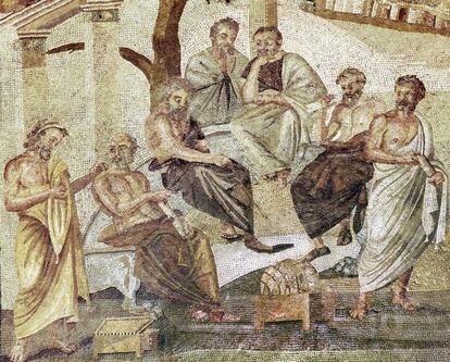 &#039;La Academia de Plat&oacute;n&#039;. Mosaico pompeyano (110-80 antes de Cristo) en la colecci&oacute;n del Museo Arqueol&oacute;gico de N&aacute;poles. 