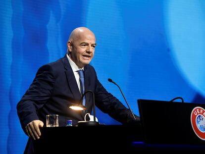 El presidente de la FIFA, el suizo Gianni Infantino, durante el Congreso de la UEFA celebrado este martes. / (REUTERS)