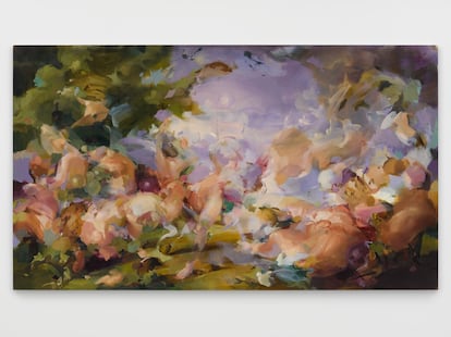 Flora Yukhnovich "Bacchanalia" (20230, óleo sobre lino, 185 x 320 cm. Cortesía de Hauser & Wirth y la artista.