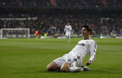 Morata celebra el primer tanto del Madrid.