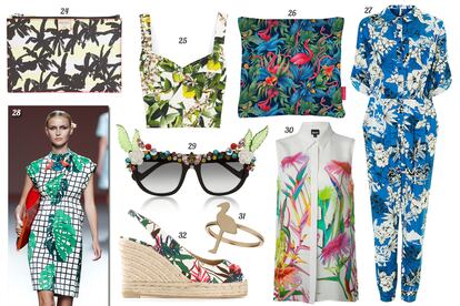 24. Kenzo Clutch con print de palmeras. 25. Dolce & Gabbana Crop top de tirantes. 26. Achica Cojín. 27. Topshop Mono con manga al codo. 28. Moisés Nieto. 29. Anna-Karin Karlsson Gafas de sol con montura de pasta y pedrería. 30. Just Cavalli Camisa sin mangas. 31. Topshop Anillo con flamenco. 32. Castañer Sandalia con cuña de esparto.