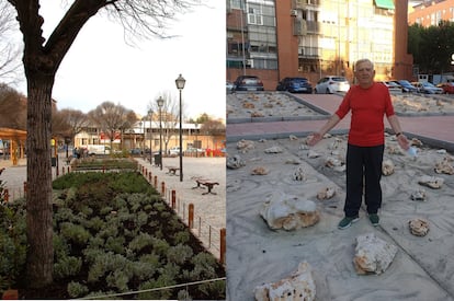 A la izquierda, la Plaza del Pueblo de Orcasitas, en el distrito de Usera, recién reformada en 2007. A la derecha, un vecino de la plaza muestra la 'intervención' de los vecinos en los parterres, de los que han arrrancado las plantas para poner en su lugar grandes piedras.