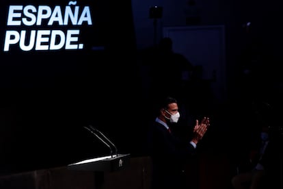 El presidente del Gobierno, Pedro Sánchez, durante la conferencia "España puede. Recuperación, Transformación, Resiliencia".