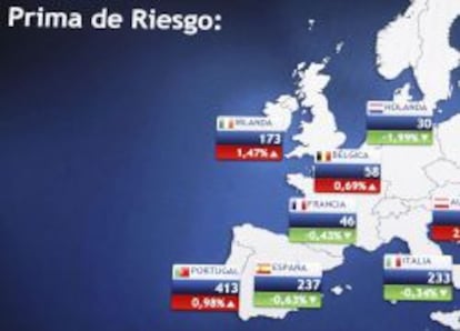 Monitor en la bolsa de Madrid que muestra, entre otras, la prima de riesgo de Espa&ntilde;a.