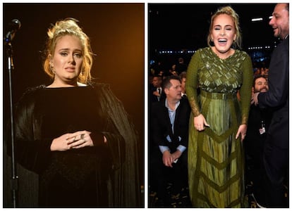 Las dos caras de Adele. A la izquierda, el momento en el que olvidó la letra de 'Fast love'. A la derecha, después de recoger uno de sus cinco premios.