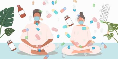 Male and Female wearing surgical face mask and meditate calm the mind pray for covid Disappear from this world vector