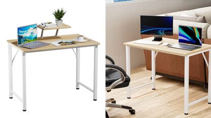 Esta mesa de escritorio de línea minimalista y escandinava cuenta con un soporte extra para colocar otros objetos