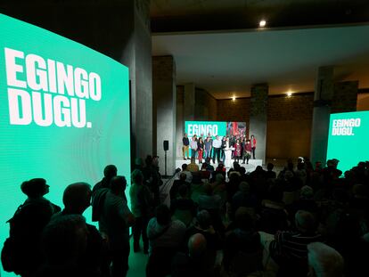 Arnaldo Otegi, el jueves en Pamplona durante la presentación de las listas de EH Bildu a las elecciones del 28-M en Navarra.