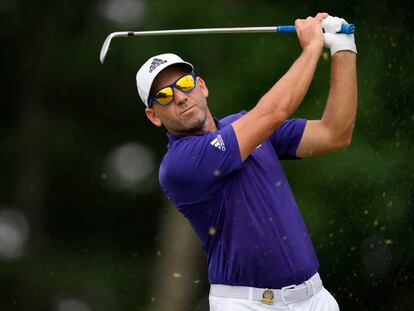 Sergio Garcia, of Spain, hits on the 11th hole during the second round of the U.S. Open golf tournament at The Country Club, Friday, June 17, 2022, in Brookline, Mass. (AP Photo/Robert F. Bukaty)
