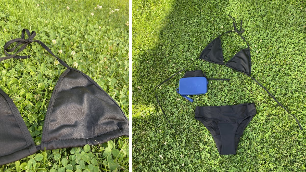 El bikini menstrual de Apparelle con su bolsa impermeable.