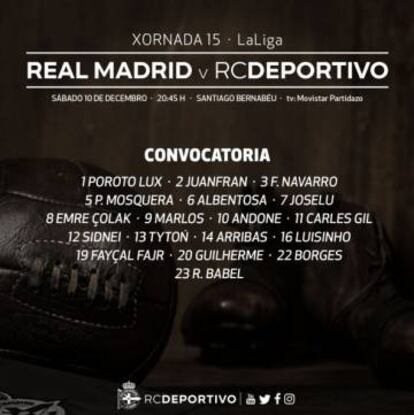 Convocatoria del Deportivo para el partido contra el Real Madrid.