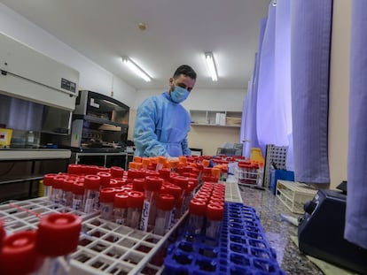 Un sanitario procesa pruebas de detección del coronavirus, el lunes en Gaza.