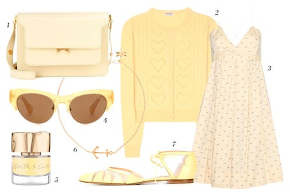 1. Marni Bolso tipo bandolera 2. Miu Miu Chaqueta de punto 3. Victoria Beckham Vestido estampado 4. Dries Van Noten Gafas de sol 5. Smith & Cult Laca de uñas 6. Market Place New York Pulsera 7. Bionda Castana Zapatos planos