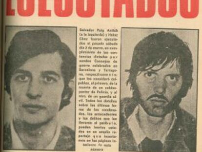 Portada de El Caso, semanario especializado en sucesos, con la noticia de la ejecución, el 2 de marzo de 1974, de Puig Antich, en la prisión Modelo de Barcelona, y Heinz Ches (transcrito como Chez), en Tarragona. Fueron los últimos condenados a los que se aplicó en España el garrote vil.