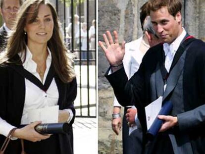 El príncipe Guillermo y su novia, Kate Middleton, ambos con la toga, tras su graduación.