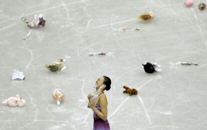 Mao Asada tras realizar durante su ejercicio en la final del Grand Prix ISU de Patinaje Artístico (Japón), e de diciembre 2013.