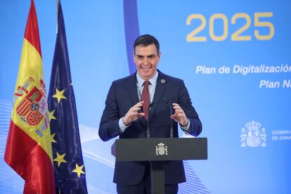 El presidente del Gobierno, Pedro Sánchez, durante el acto de presentación del Plan de Digitalización de Pymes, este miércoles, en el Palacio de la Moncloa.